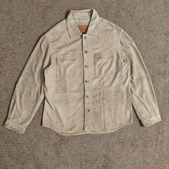 VTG Timberland Men's Beige Leather Shirt Jacket, Button Up Long Sleeve Size L - Picture 2 of 16